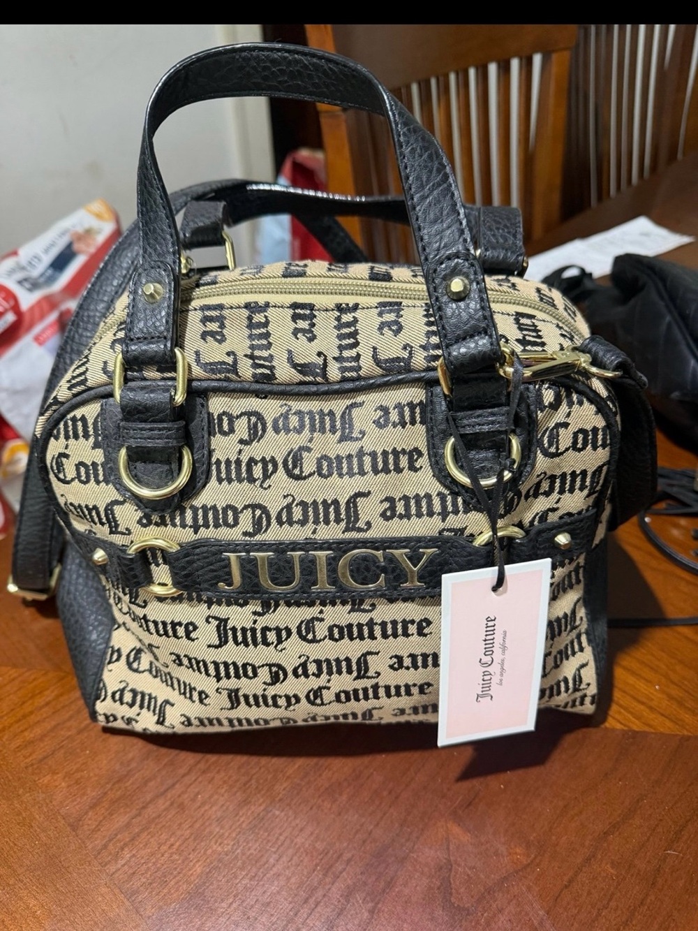 Juicy Couture Beige & Black Logo Dome Satchel